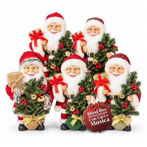 Père Noël avec sapin de 40 cm, figurine musicale de Noël avec lumières clignotantes, piles incluses, boîte mystère