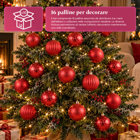 Set de 16 boules de Noël incassables de 7 cm – 4 finitions assorties brillantes, mates et pailletées – Décorations pour sapin et maison – Rouge, or, argent