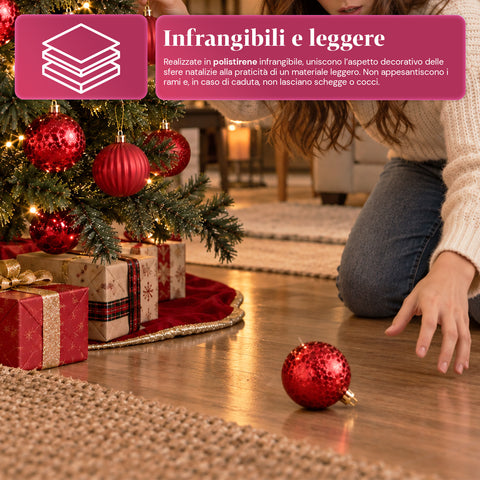 Set de 16 boules de Noël incassables de 7 cm – 4 finitions assorties brillantes, mates et pailletées – Décorations pour sapin et maison – Rouge, or, argent