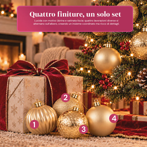 Set de 16 boules de Noël incassables de 7 cm – 4 finitions assorties brillantes, mates et pailletées – Décorations pour sapin et maison – Rouge, or, argent
