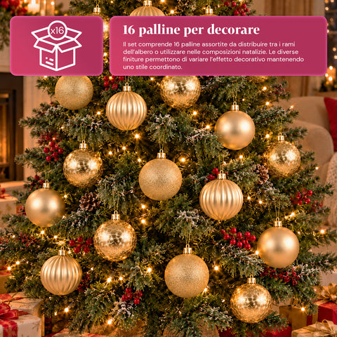 Set de 16 boules de Noël incassables de 7 cm – 4 finitions assorties brillantes, mates et pailletées – Décorations pour sapin et maison – Rouge, or, argent