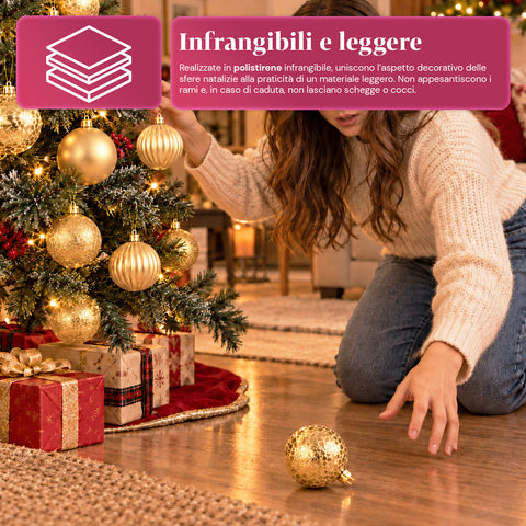 Set de 16 boules de Noël incassables de 7 cm – 4 finitions assorties brillantes, mates et pailletées – Décorations pour sapin et maison – Rouge, or, argent