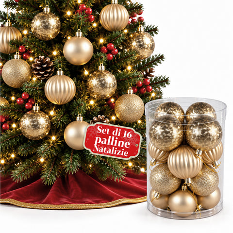 Set de 16 boules de Noël incassables de 7 cm – 4 finitions assorties brillantes, mates et pailletées – Décorations pour sapin et maison – Rouge, or, argent