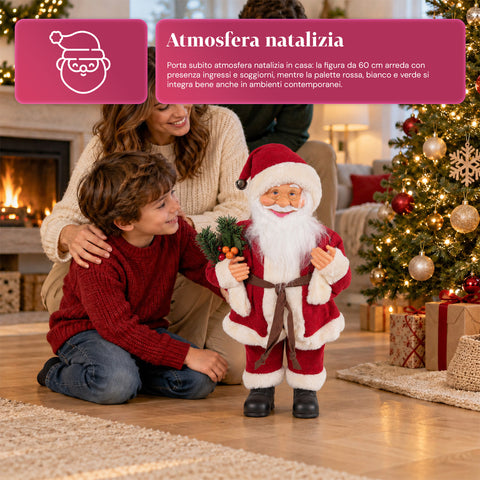 Père Noël décoratif de 60 cm avec branche de pin et ornements de Noël – Statue de Noël détaillée en 4 variantes : rouge, esquimau, blanc, gris