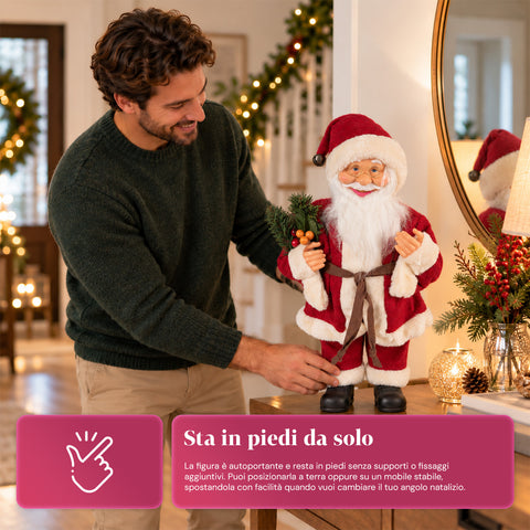 Père Noël décoratif de 60 cm avec branche de pin et ornements de Noël – Statue de Noël détaillée en 4 variantes : rouge, esquimau, blanc, gris