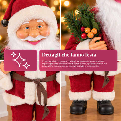 Père Noël décoratif de 60 cm avec branche de pin et ornements de Noël – Statue de Noël détaillée en 4 variantes : rouge, esquimau, blanc, gris