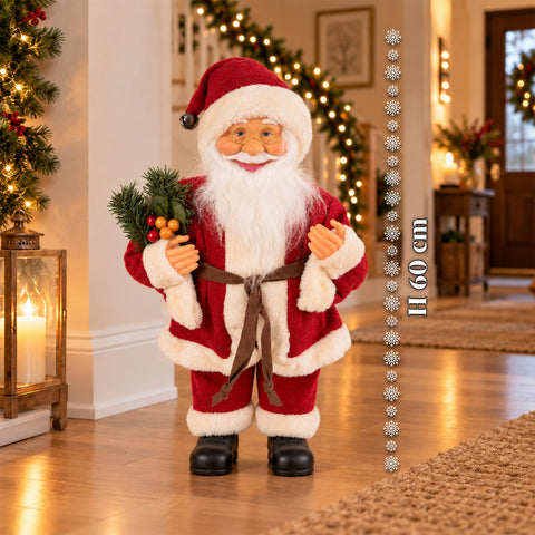 Père Noël décoratif de 60 cm avec branche de pin et ornements de Noël – Statue de Noël détaillée en 4 variantes : rouge, esquimau, blanc, gris