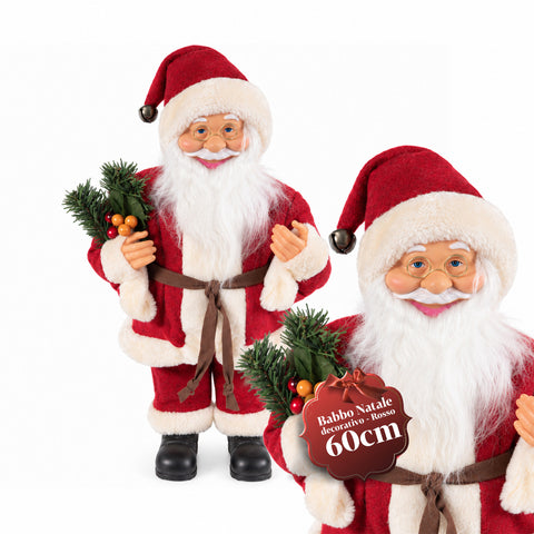 Père Noël décoratif de 60 cm avec branche de pin et ornements de Noël – Statue de Noël détaillée en 4 variantes : rouge, esquimau, blanc, gris