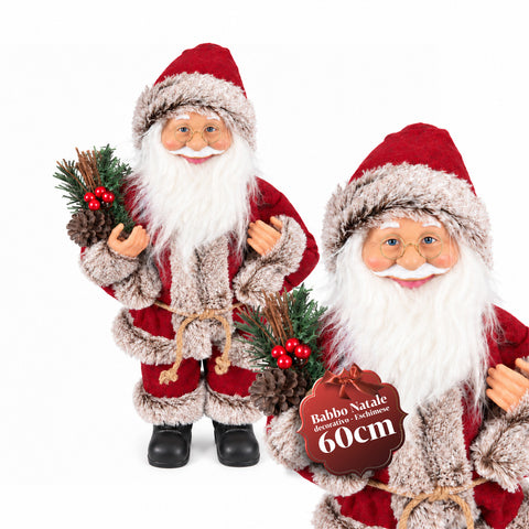 Père Noël décoratif de 60 cm avec branche de pin et ornements de Noël – Statue de Noël détaillée en 4 variantes : rouge, esquimau, blanc, gris