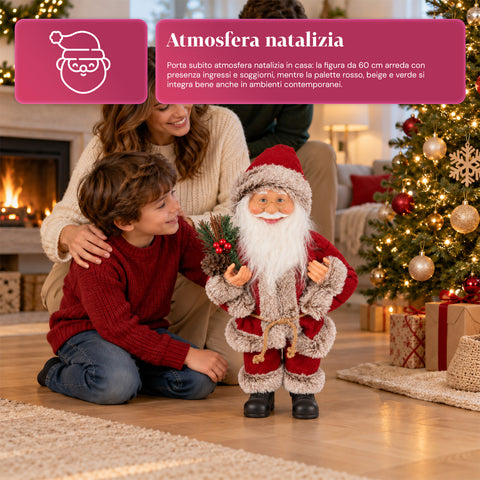 Père Noël décoratif de 60 cm avec branche de pin et ornements de Noël – Statue de Noël détaillée en 4 variantes : rouge, esquimau, blanc, gris