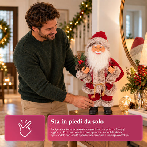 Père Noël décoratif de 60 cm avec branche de pin et ornements de Noël – Statue de Noël détaillée en 4 variantes : rouge, esquimau, blanc, gris