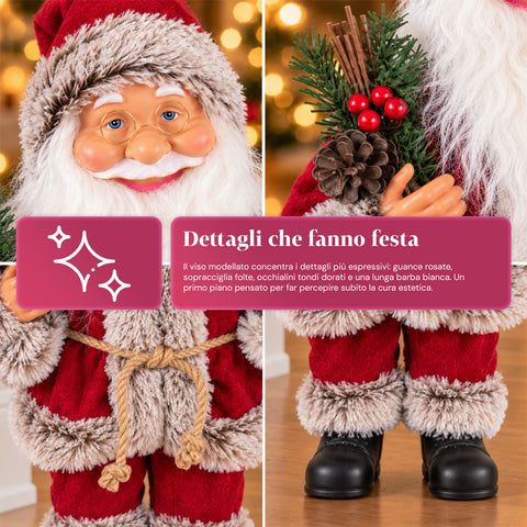 Père Noël décoratif de 60 cm avec branche de pin et ornements de Noël – Statue de Noël détaillée en 4 variantes : rouge, esquimau, blanc, gris