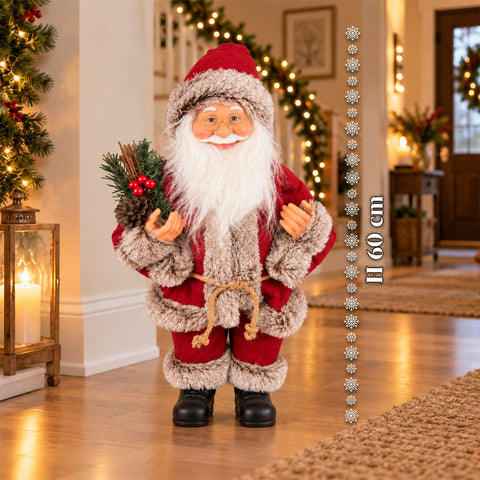 Père Noël décoratif de 60 cm avec branche de pin et ornements de Noël – Statue de Noël détaillée en 4 variantes : rouge, esquimau, blanc, gris
