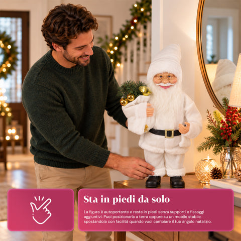 Père Noël décoratif de 60 cm avec branche de pin et ornements de Noël – Statue de Noël détaillée en 4 variantes : rouge, esquimau, blanc, gris