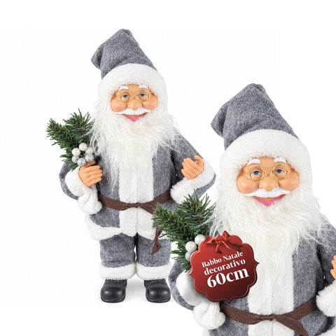 Père Noël décoratif de 60 cm avec branche de pin et ornements de Noël – Statue de Noël détaillée en 4 variantes : rouge, esquimau, blanc, gris