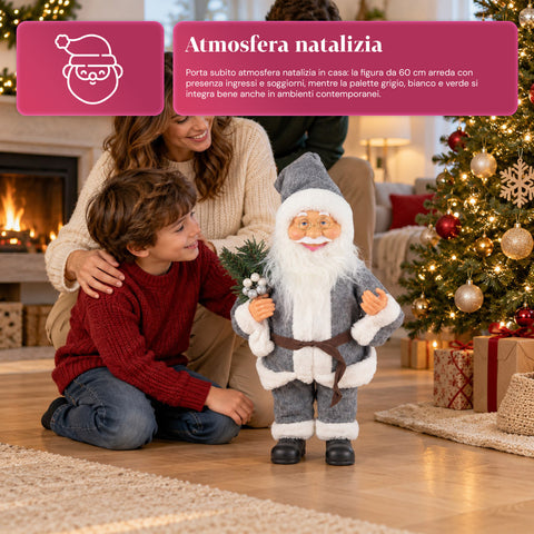 Père Noël décoratif de 60 cm avec branche de pin et ornements de Noël – Statue de Noël détaillée en 4 variantes : rouge, esquimau, blanc, gris