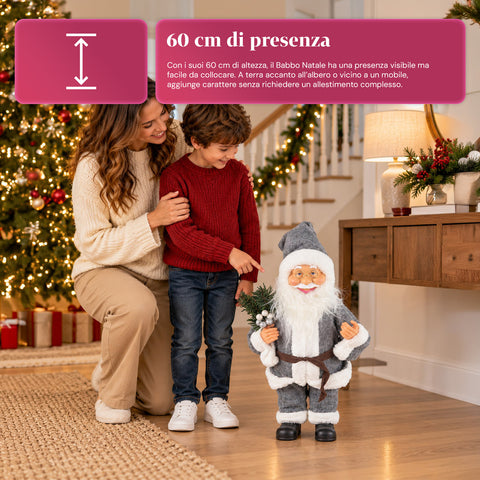 Père Noël décoratif de 60 cm avec branche de pin et ornements de Noël – Statue de Noël détaillée en 4 variantes : rouge, esquimau, blanc, gris