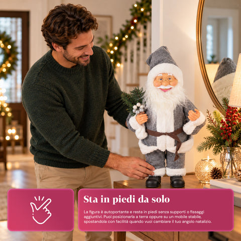 Père Noël décoratif de 60 cm avec branche de pin et ornements de Noël – Statue de Noël détaillée en 4 variantes : rouge, esquimau, blanc, gris