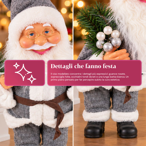 Père Noël décoratif de 60 cm avec branche de pin et ornements de Noël – Statue de Noël détaillée en 4 variantes : rouge, esquimau, blanc, gris
