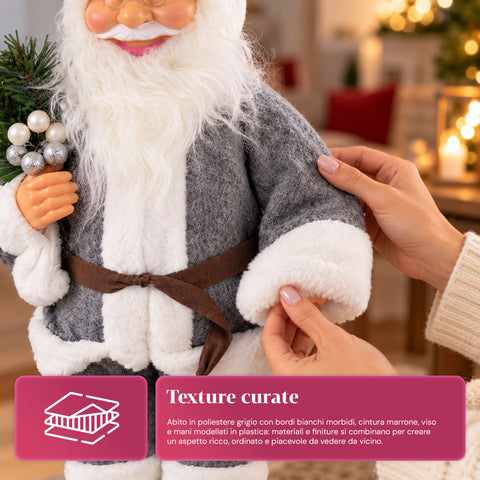 Père Noël décoratif de 60 cm avec branche de pin et ornements de Noël – Statue de Noël détaillée en 4 variantes : rouge, esquimau, blanc, gris