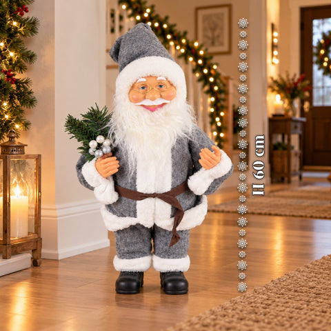 Père Noël décoratif de 60 cm avec branche de pin et ornements de Noël – Statue de Noël détaillée en 4 variantes : rouge, esquimau, blanc, gris