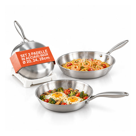 Ensemble de 3 poêles en acier inoxydable tri-ply 20-24-28 cm | Fond compatible avec l’induction, adapté à tous les types de plaques de cuisson et à une utilisation au four
