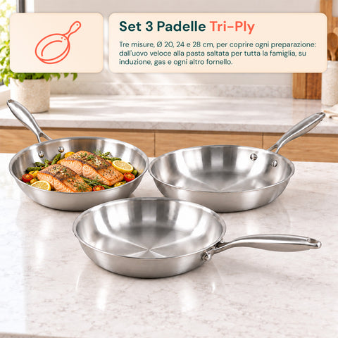 Ensemble de 3 poêles en acier inoxydable tri-ply 20-24-28 cm | Fond compatible avec l’induction, adapté à tous les types de plaques de cuisson et à une utilisation au four