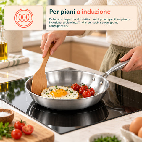 Ensemble de 3 poêles en acier inoxydable tri-ply 20-24-28 cm | Fond compatible avec l’induction, adapté à tous les types de plaques de cuisson et à une utilisation au four
