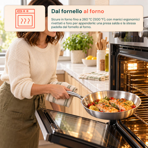 Ensemble de 3 poêles en acier inoxydable tri-ply 20-24-28 cm | Fond compatible avec l’induction, adapté à tous les types de plaques de cuisson et à une utilisation au four