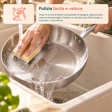 Ensemble de 3 poêles en acier inoxydable tri-ply 20-24-28 cm | Fond compatible avec l’induction, adapté à tous les types de plaques de cuisson et à une utilisation au four