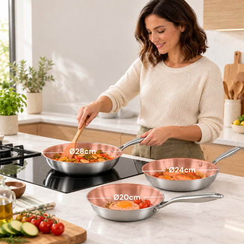 Ensemble de 3 poêles en acier inoxydable tri-ply 20-24-28 cm | Fond compatible avec l’induction, adapté à tous les types de plaques de cuisson et à une utilisation au four