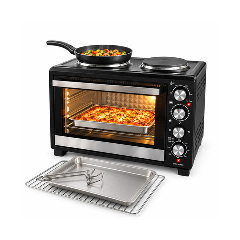 Mini-four électrique 40 L avec double plaque chauffante électrique, gril, 5 modes de cuisson, minuterie de 120 minutes, 100-250 °C et porte à double vitrage