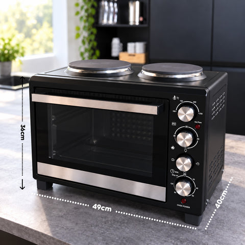 Mini-four électrique 40 L avec double plaque chauffante électrique, gril, 5 modes de cuisson, minuterie de 120 minutes, 100-250 °C et porte à double vitrage