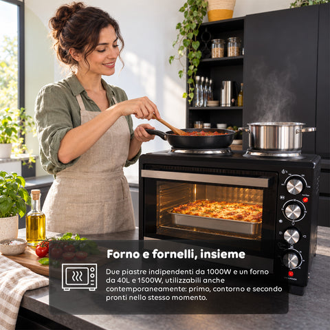 Mini-four électrique 40 L avec double plaque chauffante électrique, gril, 5 modes de cuisson, minuterie de 120 minutes, 100-250 °C et porte à double vitrage