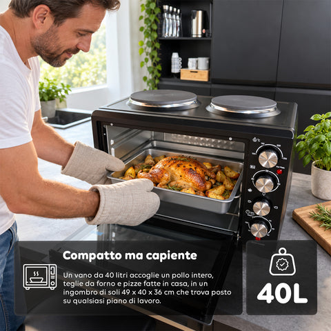 Mini-four électrique 40 L avec double plaque chauffante électrique, gril, 5 modes de cuisson, minuterie de 120 minutes, 100-250 °C et porte à double vitrage