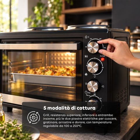 Mini-four électrique 40 L avec double plaque chauffante électrique, gril, 5 modes de cuisson, minuterie de 120 minutes, 100-250 °C et porte à double vitrage