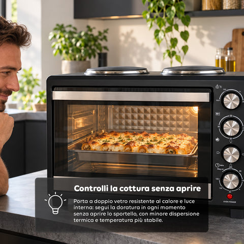 Mini-four électrique 40 L avec double plaque chauffante électrique, gril, 5 modes de cuisson, minuterie de 120 minutes, 100-250 °C et porte à double vitrage