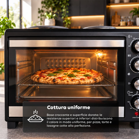 Mini-four électrique 40 L avec double plaque chauffante électrique, gril, 5 modes de cuisson, minuterie de 120 minutes, 100-250 °C et porte à double vitrage