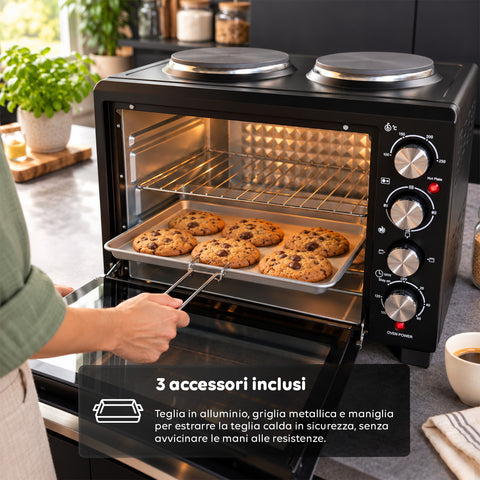 Mini-four électrique 40 L avec double plaque chauffante électrique, gril, 5 modes de cuisson, minuterie de 120 minutes, 100-250 °C et porte à double vitrage