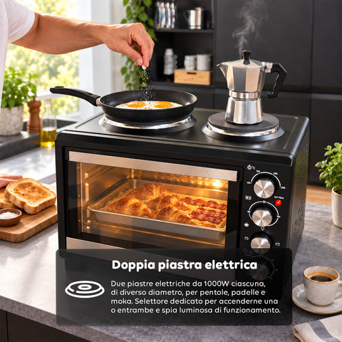 Mini-four électrique 40 L avec double plaque chauffante électrique, gril, 5 modes de cuisson, minuterie de 120 minutes, 100-250 °C et porte à double vitrage