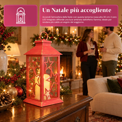 Lanterne de Noël rouge à LED de 30 cm, cire avec effet de flamme, à suspendre ou à poser, 14x14x30 cm, 2 décorations disponibles : étoiles ou flocons de neige