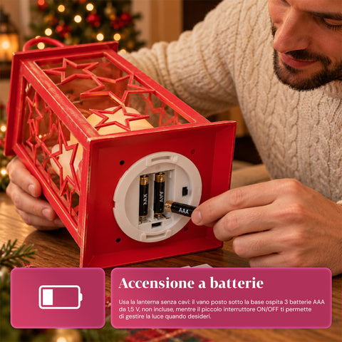 Lanterne de Noël rouge à LED de 30 cm, cire avec effet de flamme, à suspendre ou à poser, 14x14x30 cm, 2 décorations disponibles : étoiles ou flocons de neige