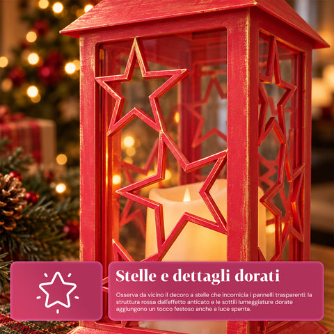 Lanterne de Noël rouge à LED de 30 cm, cire avec effet de flamme, à suspendre ou à poser, 14x14x30 cm, 2 décorations disponibles : étoiles ou flocons de neige