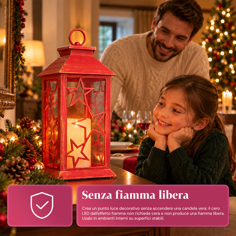 Lanterne de Noël rouge à LED de 30 cm, cire avec effet de flamme, à suspendre ou à poser, 14x14x30 cm, 2 décorations disponibles : étoiles ou flocons de neige