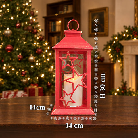Lanterne de Noël rouge à LED de 30 cm, cire avec effet de flamme, à suspendre ou à poser, 14x14x30 cm, 2 décorations disponibles : étoiles ou flocons de neige