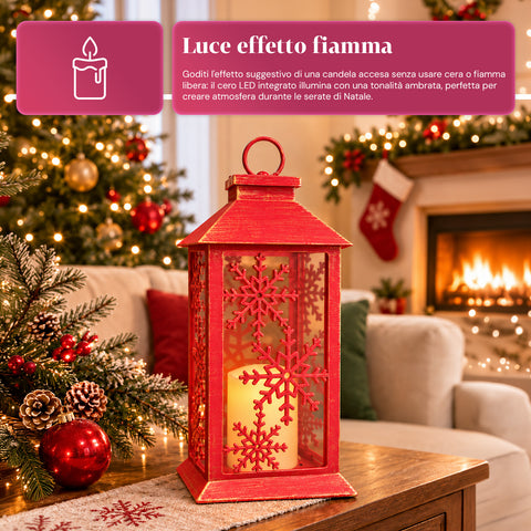Lanterne de Noël rouge à LED de 30 cm, cire avec effet de flamme, à suspendre ou à poser, 14x14x30 cm, 2 décorations disponibles : étoiles ou flocons de neige