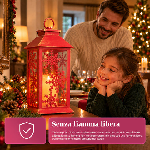 Lanterne de Noël rouge à LED de 30 cm, cire avec effet de flamme, à suspendre ou à poser, 14x14x30 cm, 2 décorations disponibles : étoiles ou flocons de neige