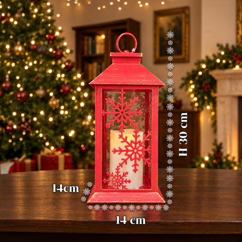 Lanterne de Noël rouge à LED de 30 cm, cire avec effet de flamme, à suspendre ou à poser, 14x14x30 cm, 2 décorations disponibles : étoiles ou flocons de neige