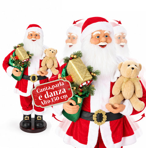 Père Noël dansant de 150 cm avec musique, chant et mouvement - Décoration de Noël d'intérieur avec bouton, base de 38 cm, rouge