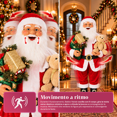Père Noël dansant de 150 cm avec musique, chant et mouvement - Décoration de Noël d'intérieur avec bouton, base de 38 cm, rouge